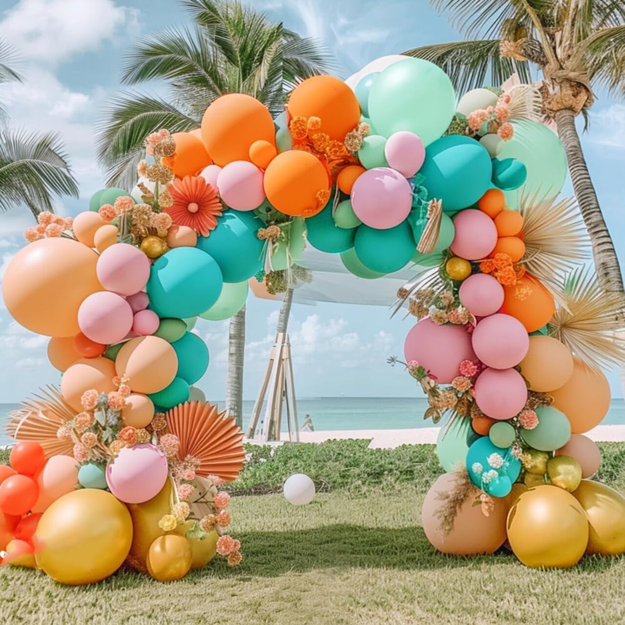 Pastel Balloon Garland Kit – Coral Pink, Teal Blue, Light Green, Orange, and Gold Metallic Double-Stuffed Latex Balloons for Tropical Hawaiian Luau, Birthday, Baby Shower, and Party Decorations